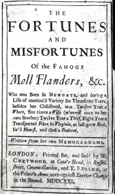 Daniel Defoeによる「Moll Flanders」のタイトルページ、1722年発行（印刷物） 作： English School